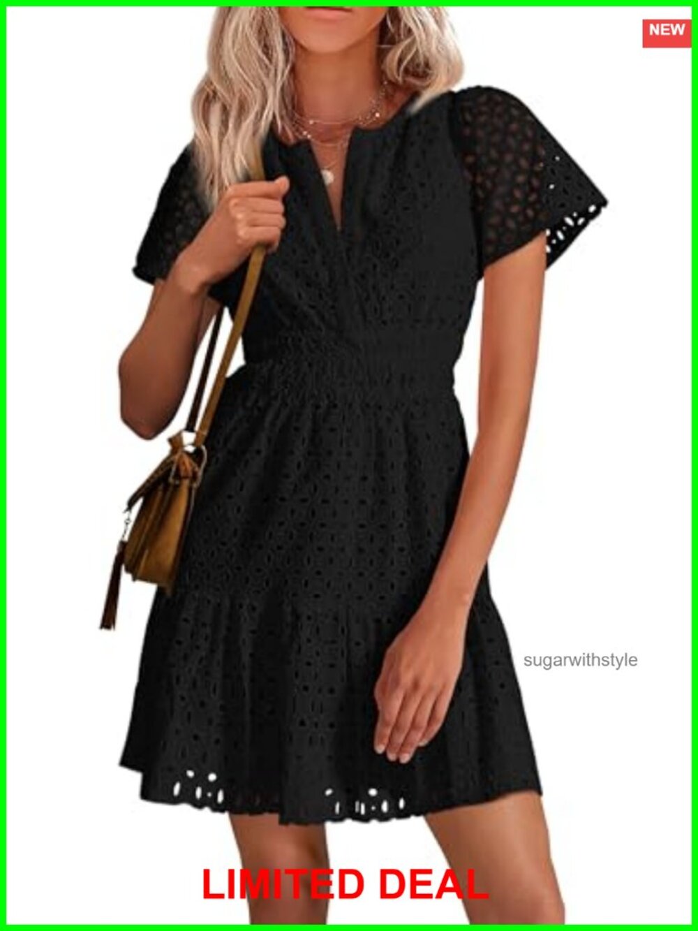 Eyelet Lace Short Dress V-Neck Ruffle Hem Summer Casual Mini